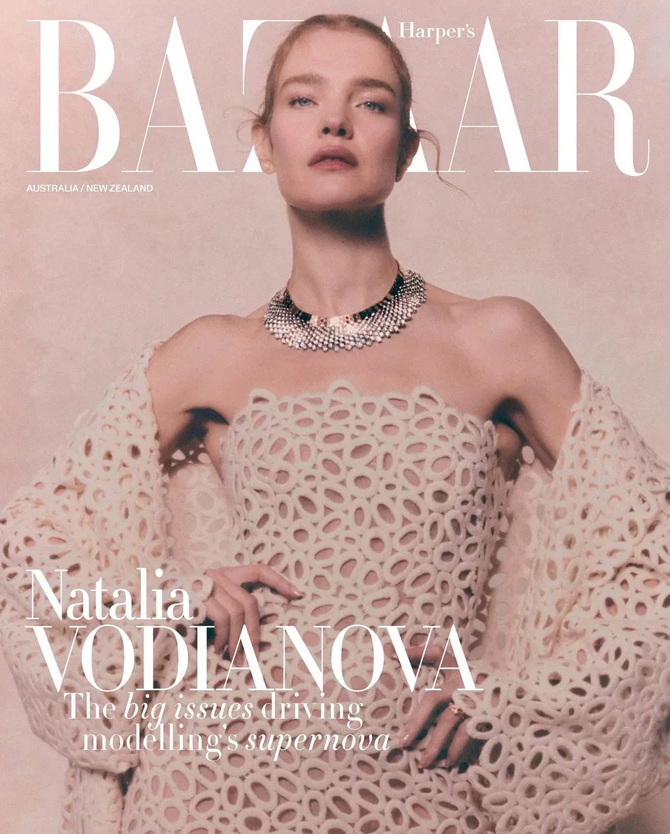 Harper’s Bazaar Australia and New Zealand cover featuring Natalia Vodianova in Chaumet high jewellery and a white lace dress
