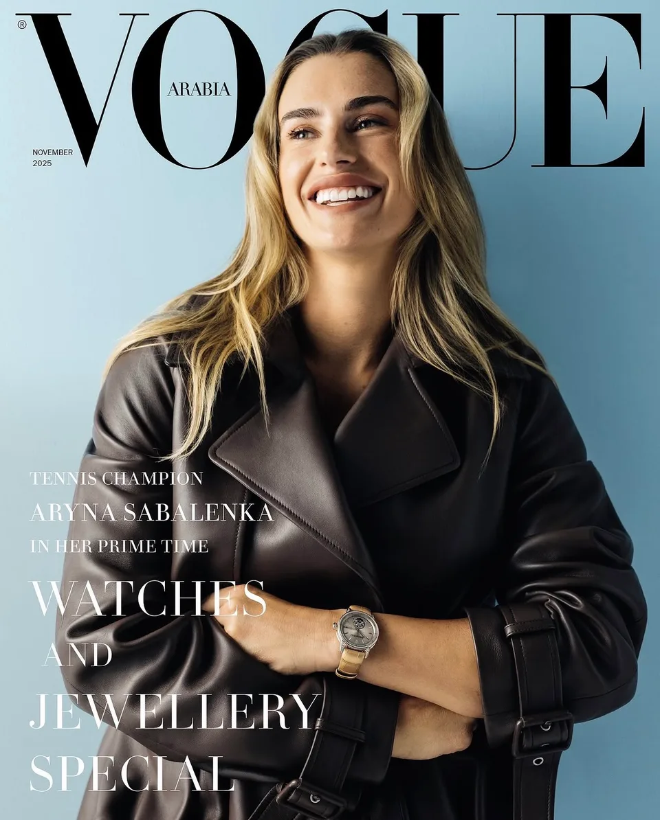 Vogue Arabia cover featuring Aryna Sabalenka against an ice-blue background