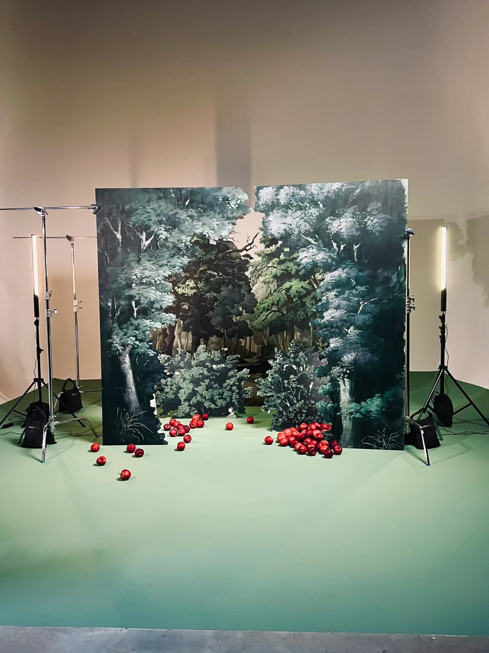 The forest set inside a studio, with foreground tree panels, green flooring and red apples.