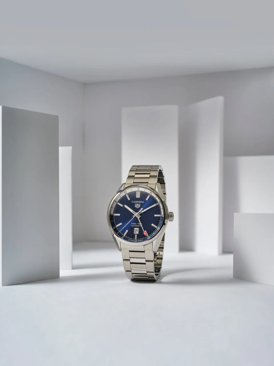 TAG Heuer wristwatch standing among white rectangular forms