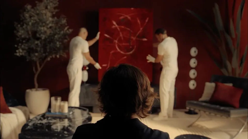 Two people in white carry a red painting while a seated viewer watches from behind.