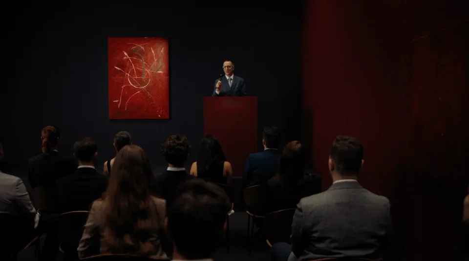 Man at a red podium addresses an audience beside a red abstract painting.