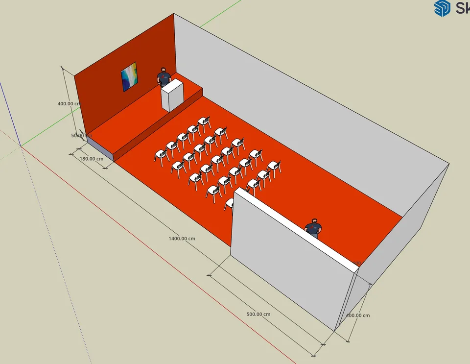 3D room layout with a raised podium, rows of audience seating and three surrounding walls.