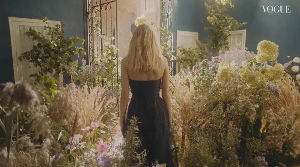 A model in a black dress stands among dense flowers and grasses that rise across the floor of the blue room.