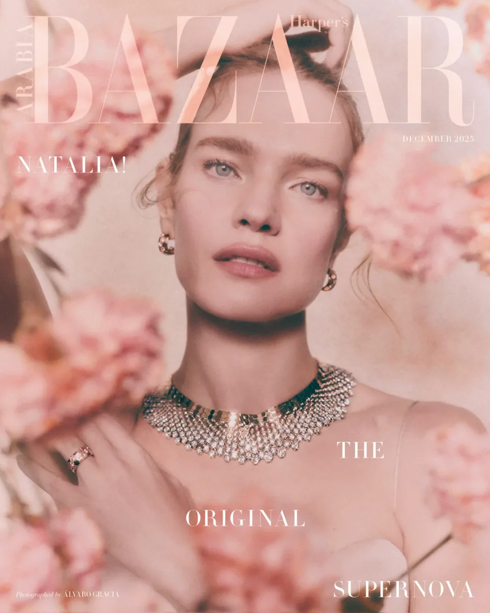 Harper’s Bazaar Arabia cover with Natalia Vodianova in Chaumet high jewellery among pink flowers
