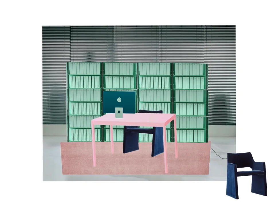 A concept layout combines green shelving, a pink desk, a computer and a chair against window blinds.